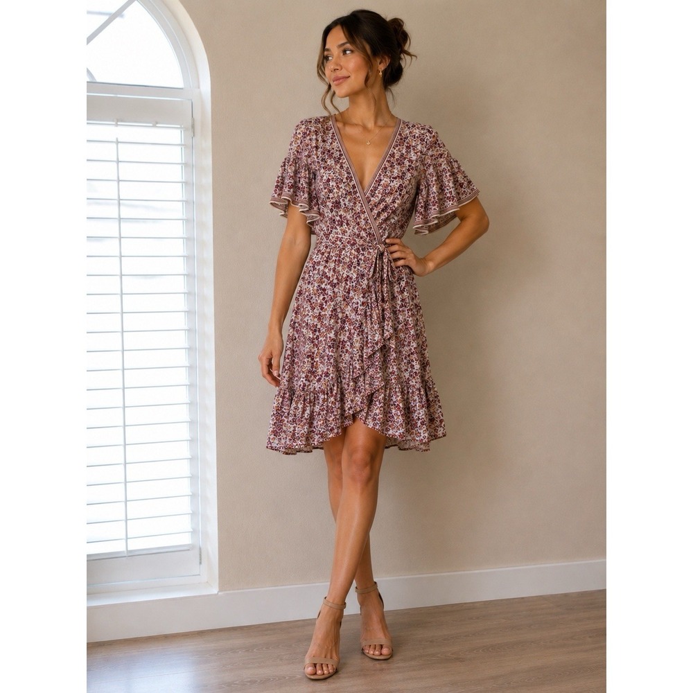 Max Studio Floral Wrap Dress Size Small Boho Ruffle Hi-Low Mini Flutter Sleeve